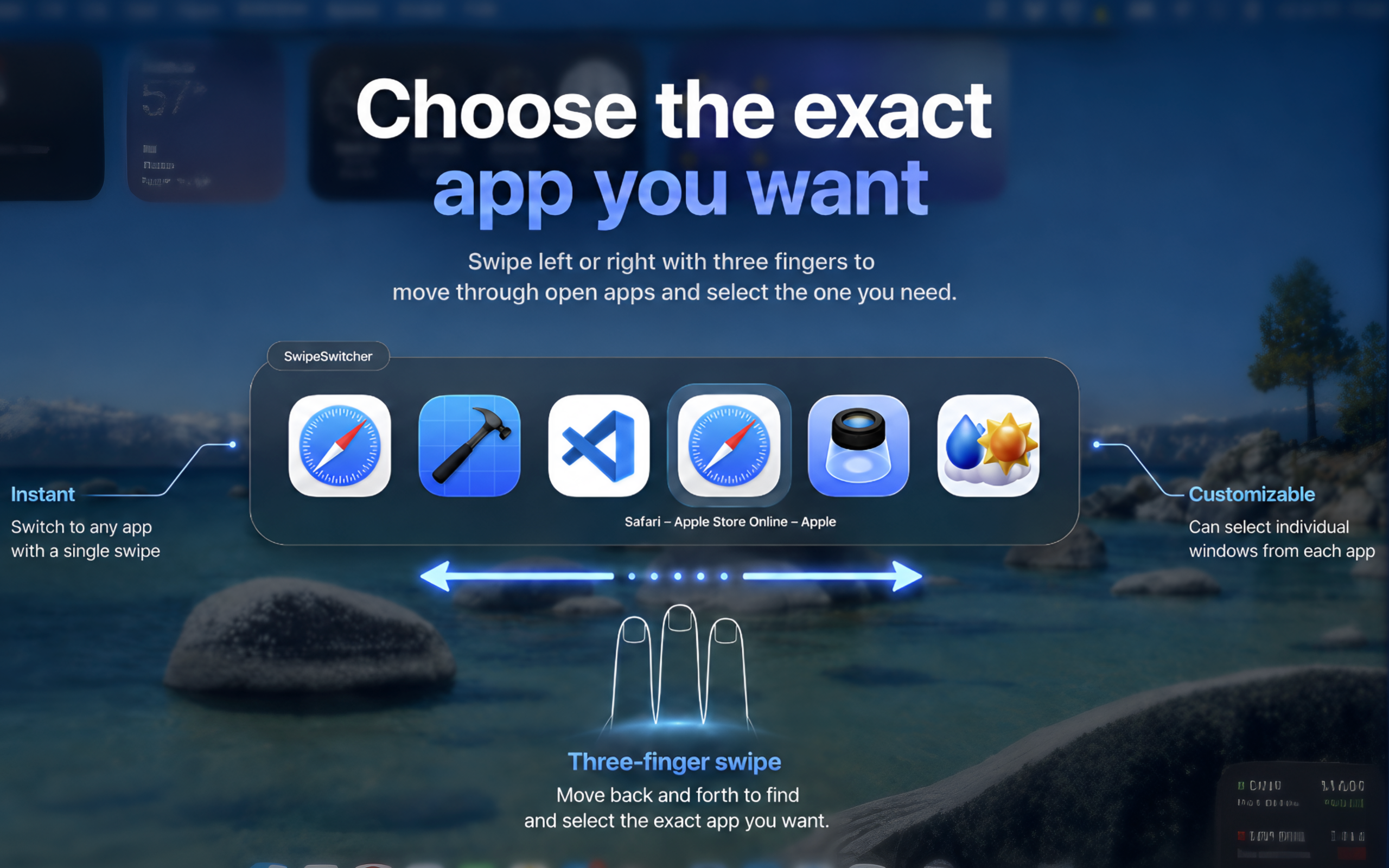 SwipeSwitcher showing a carousel of open Mac apps, controlled with a three-finger swipe.