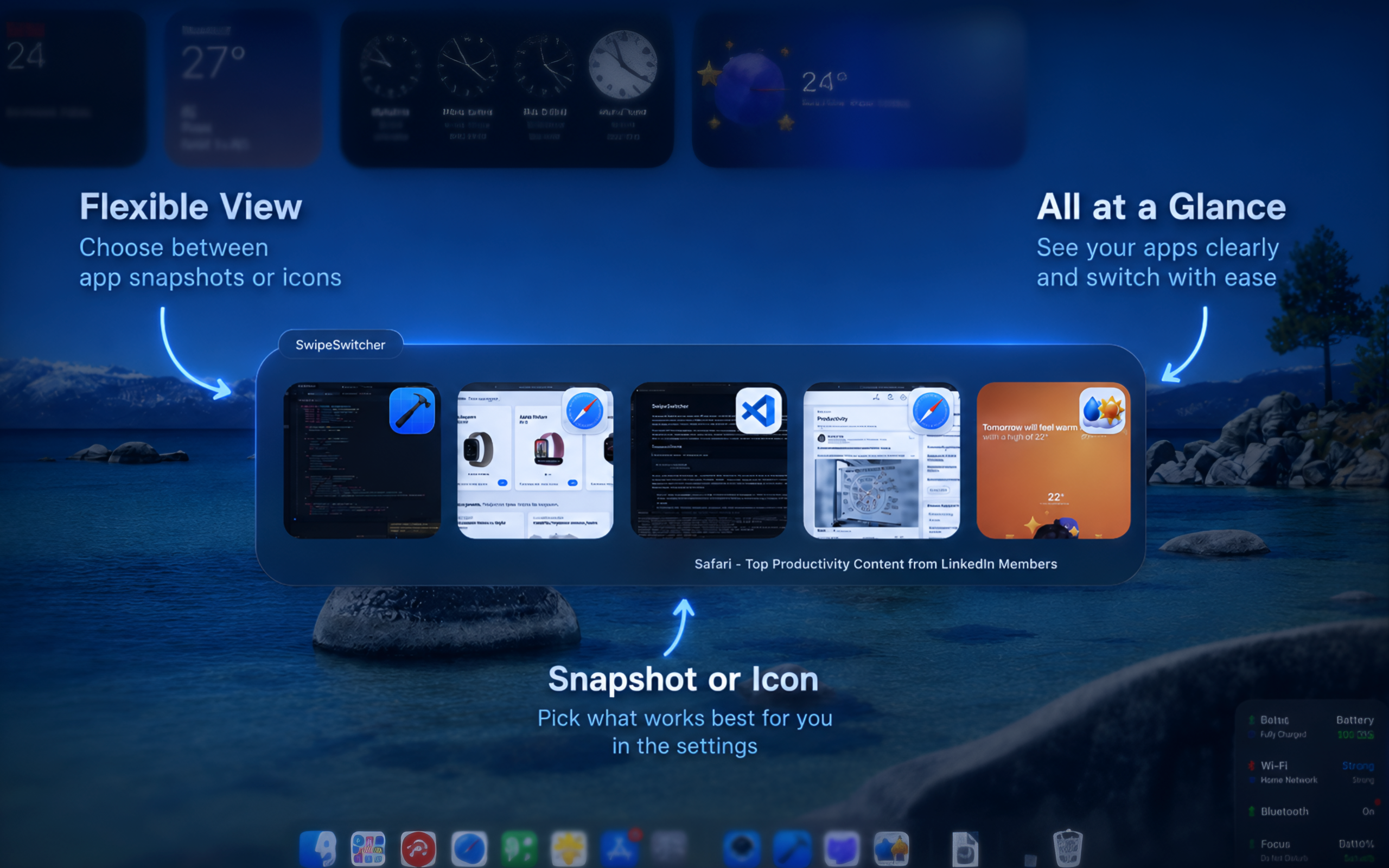SwipeSwitcher preview panel surrounded by labels for its flexible icon and snapshot views.